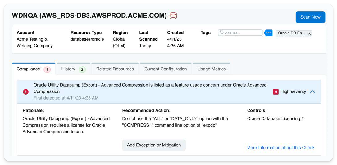 oracle database compliance screen