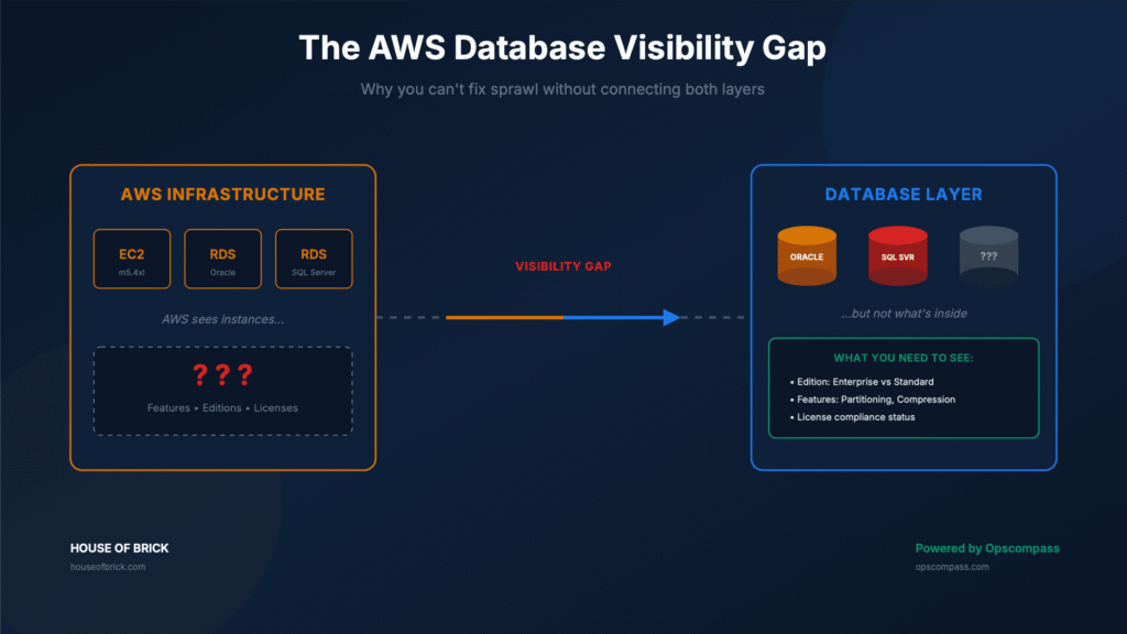 Diagram showing the AWS database visibility gap: AWS infrastructure tools see EC2 and RDS instances but cannot see database-level details like Oracle and SQL Server editions, feature usage, or license compliance status