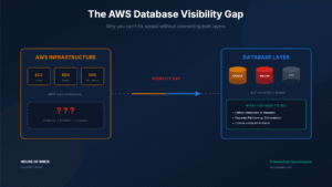 Diagram showing the AWS database visibility gap: AWS infrastructure tools see EC2 and RDS instances but cannot see database-level details like Oracle and SQL Server editions, feature usage, or license compliance status